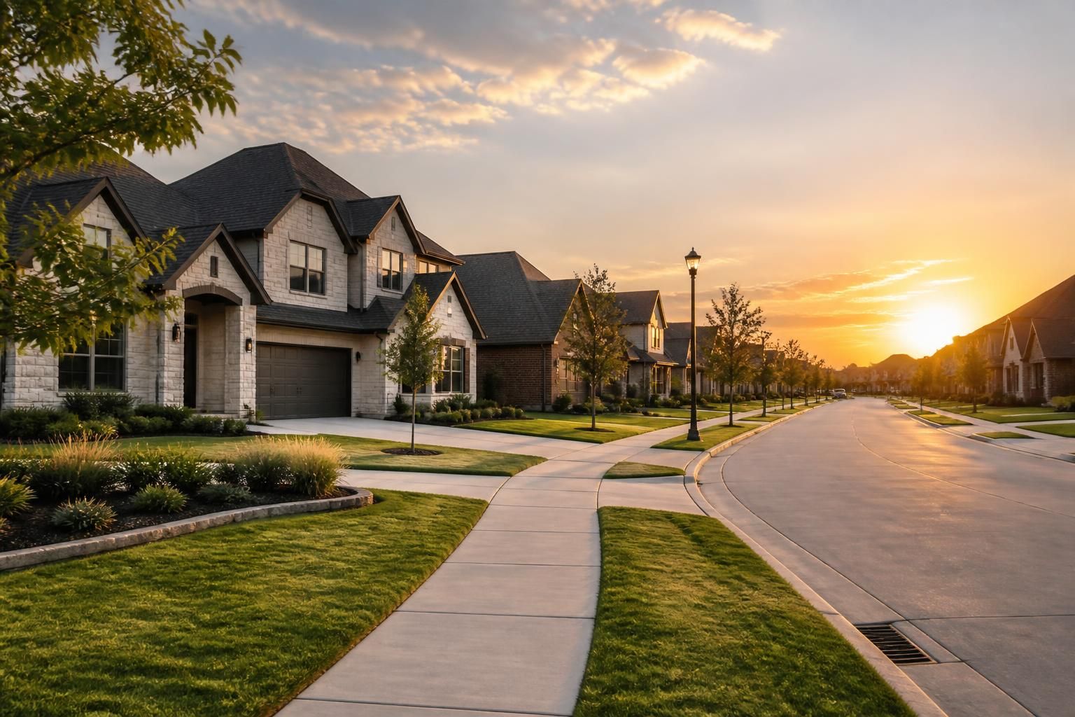 New Celina homes under open skies and soft sunset light.