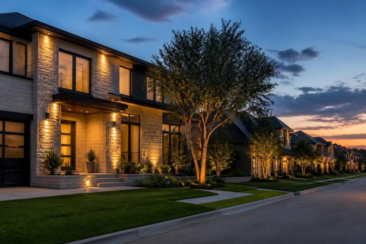 Upscale Dallas neighborhood with softly lit modern homes at dusk.