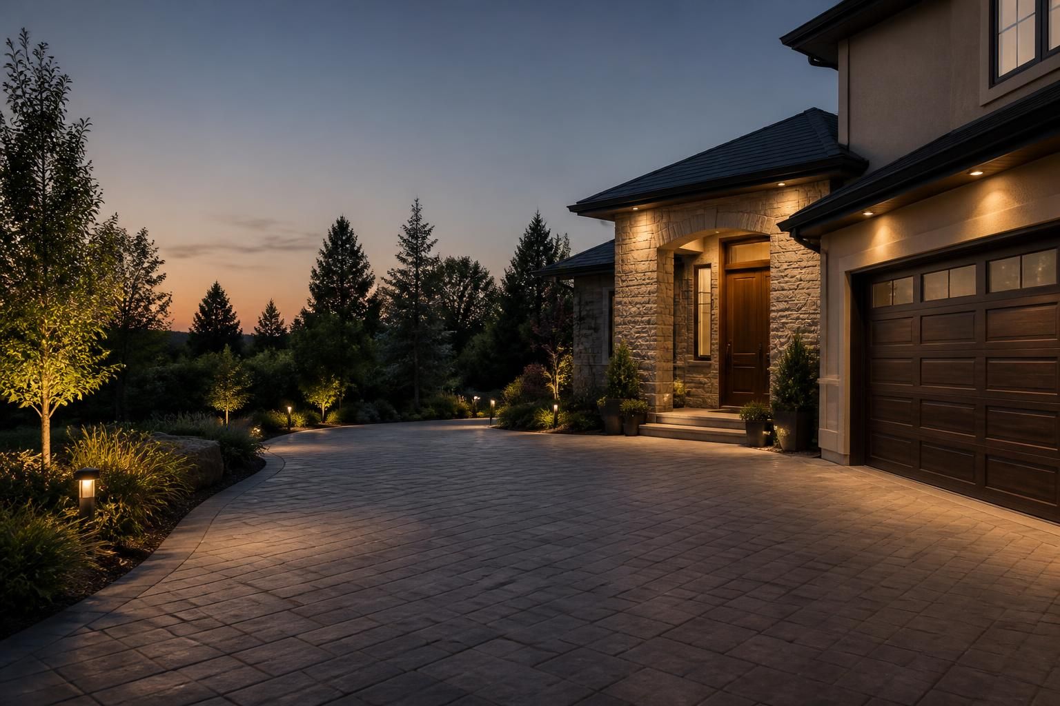 Lit driveway and front entry with open space for text.