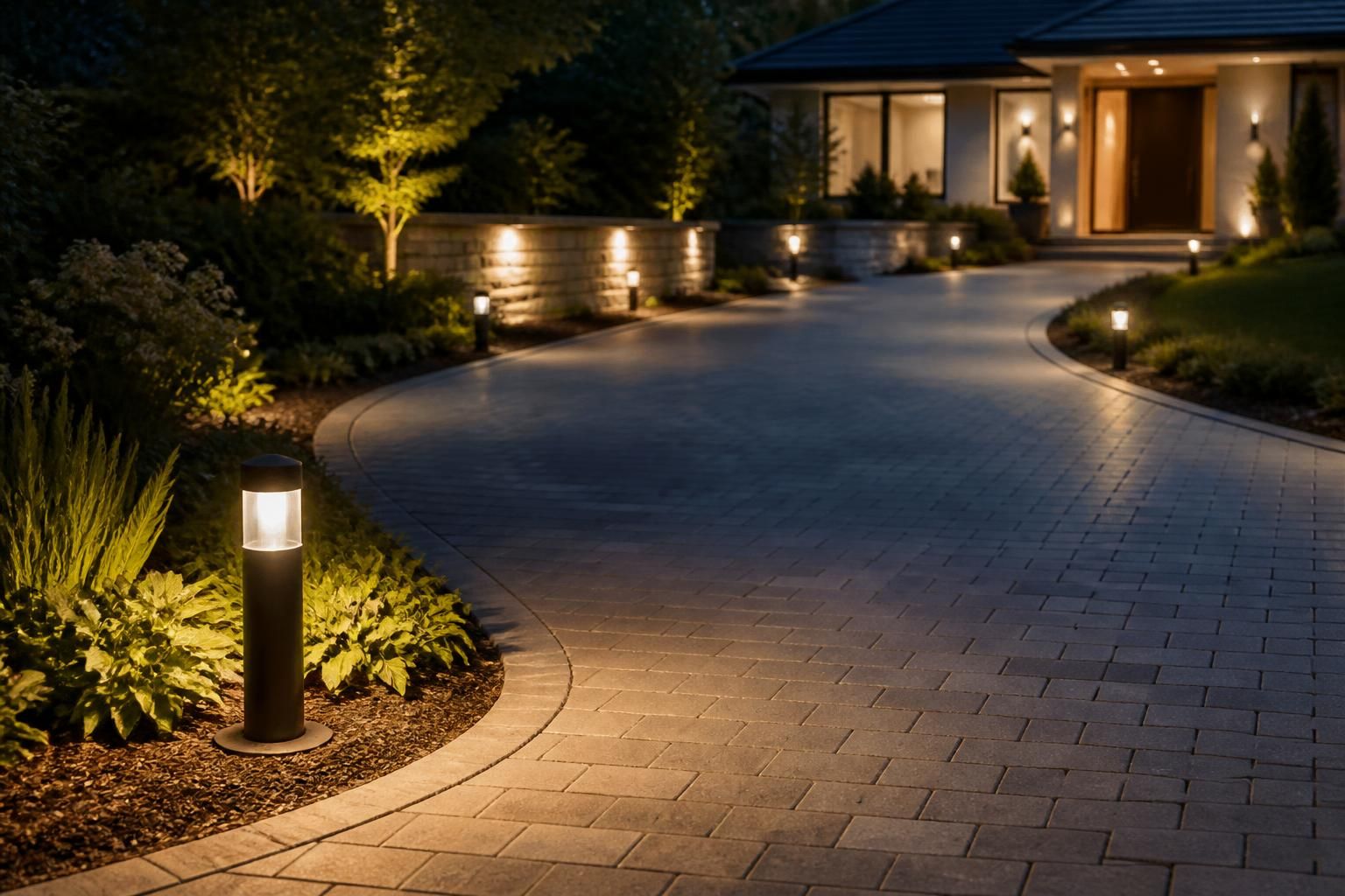 Driveway approach illuminated with subtle ground lights.