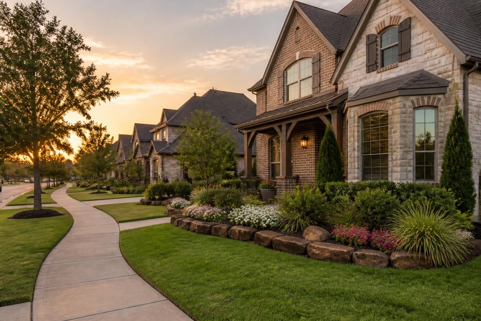 Attractive Flower Mound homes with landscaped yards at evening.