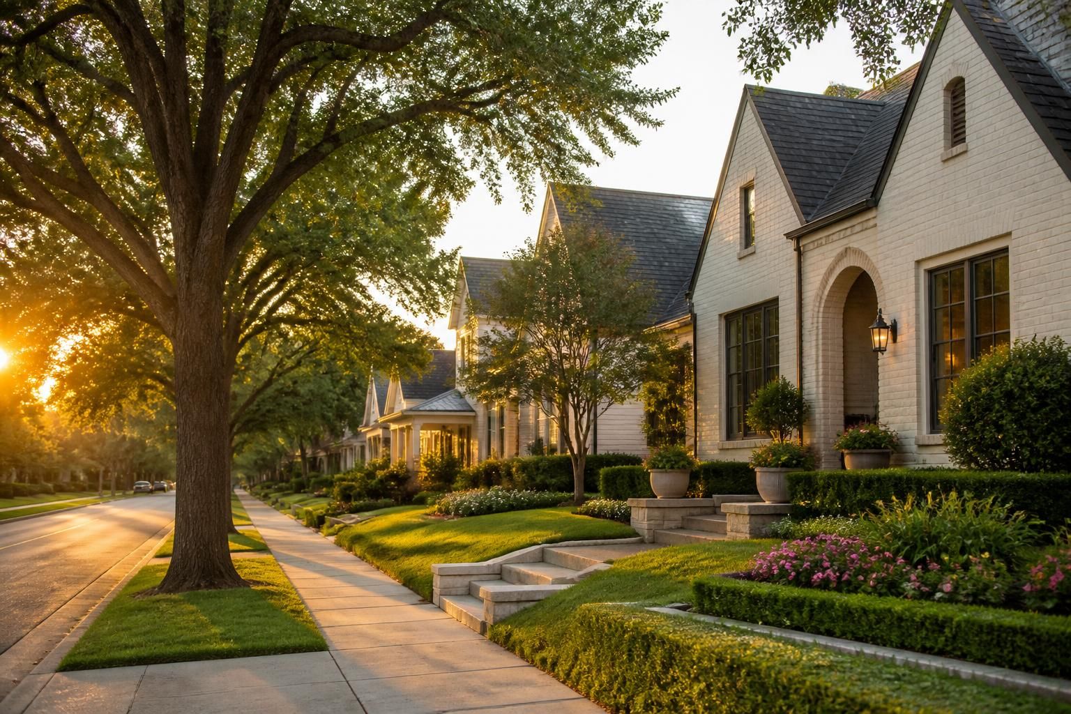Fort Worth residential street with elegant homes and mature trees.