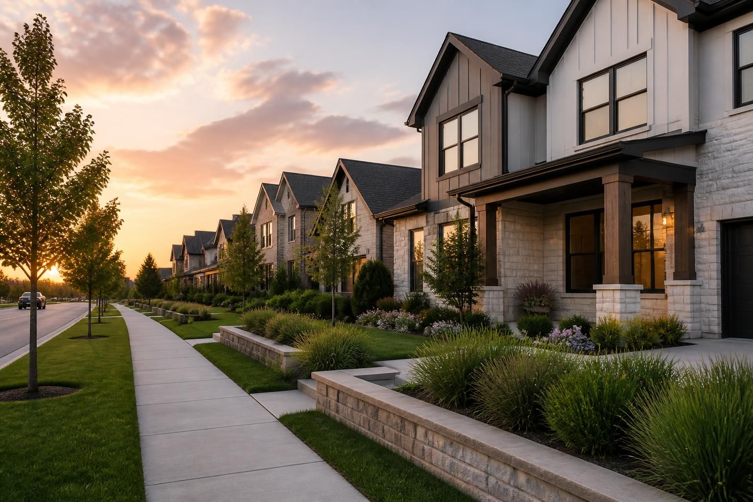 Contemporary Frisco neighborhood with clean sidewalks and evening light.