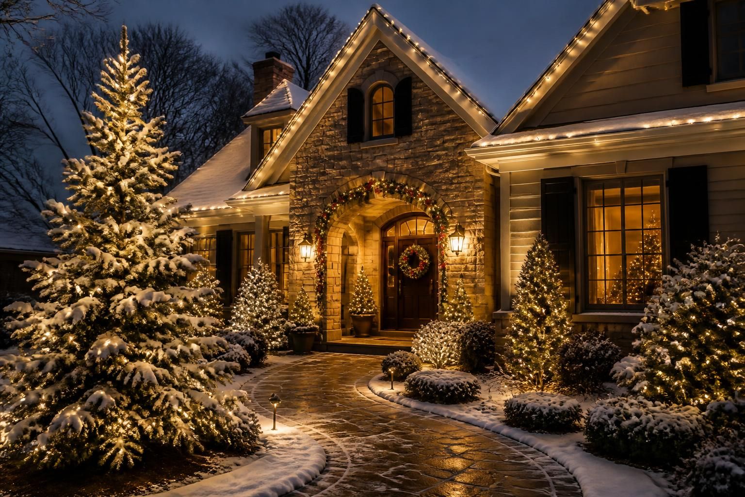 Fully decorated home exterior with coordinated Christmas lights.