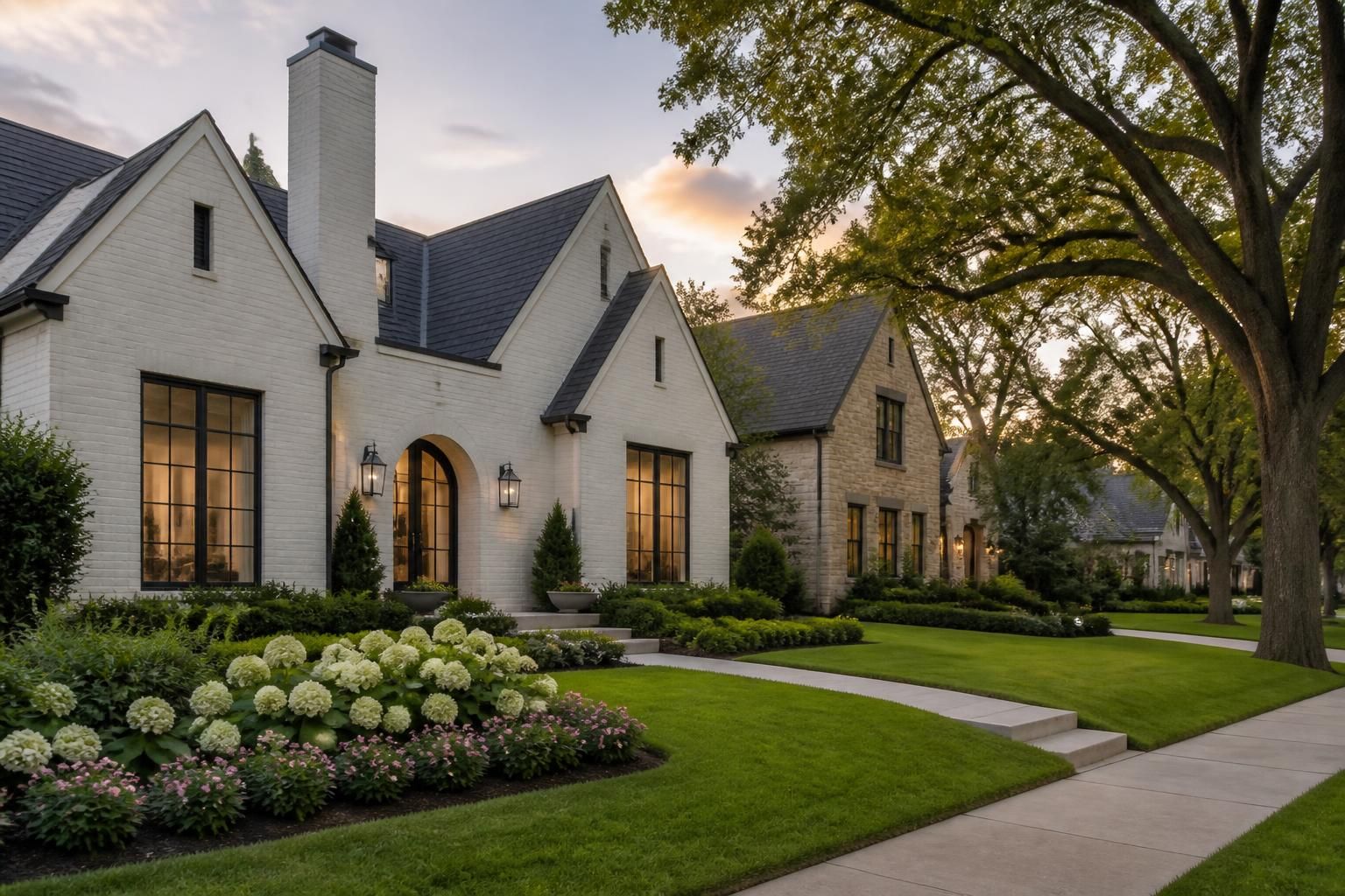 Refined Highland Park homes with manicured landscaping at dusk.