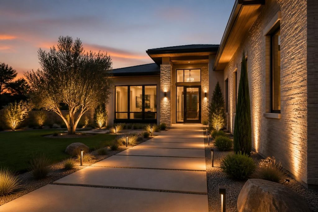 Modern home exterior with warm landscape lighting along the walkway.