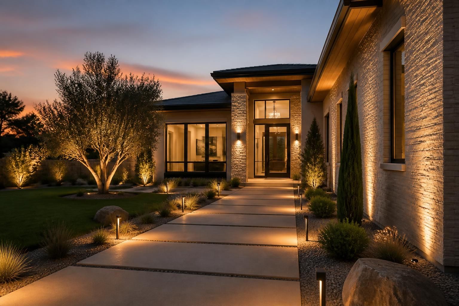 Modern home exterior with warm landscape lighting along the walkway.