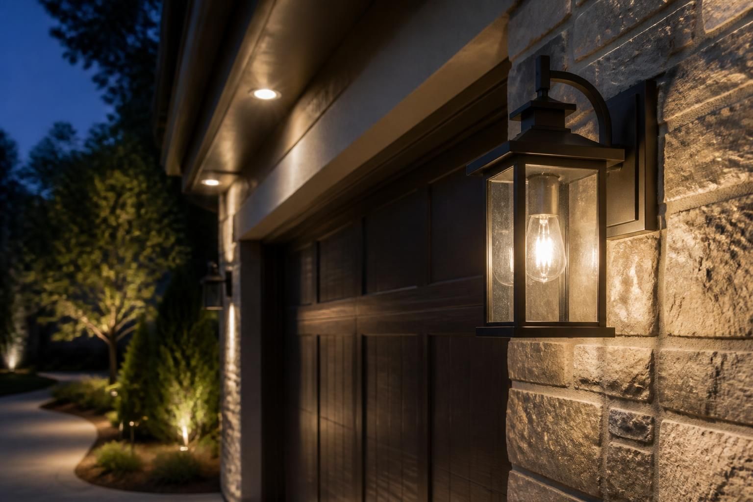 Well-maintained outdoor lighting on a finished home exterior.