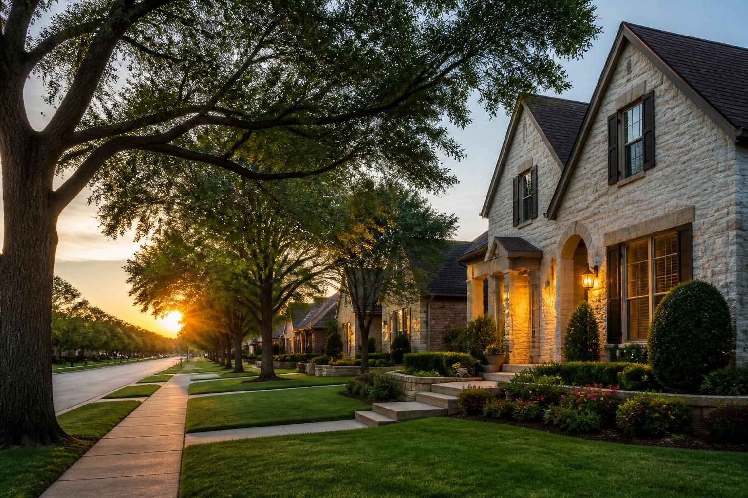 Charming McKinney homes with mature trees in evening light.