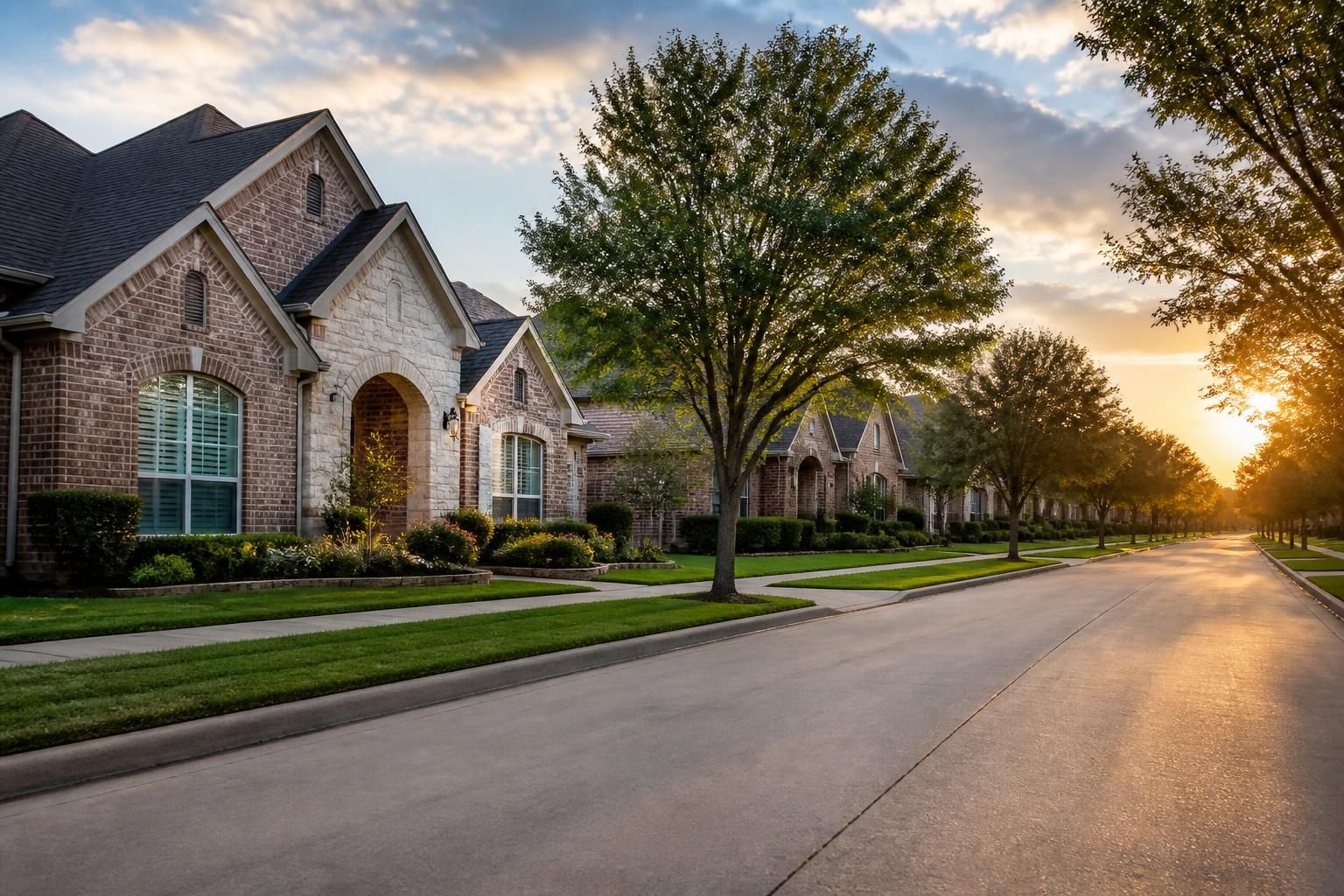 Tree-lined Plano street with well-kept homes at sunset.
