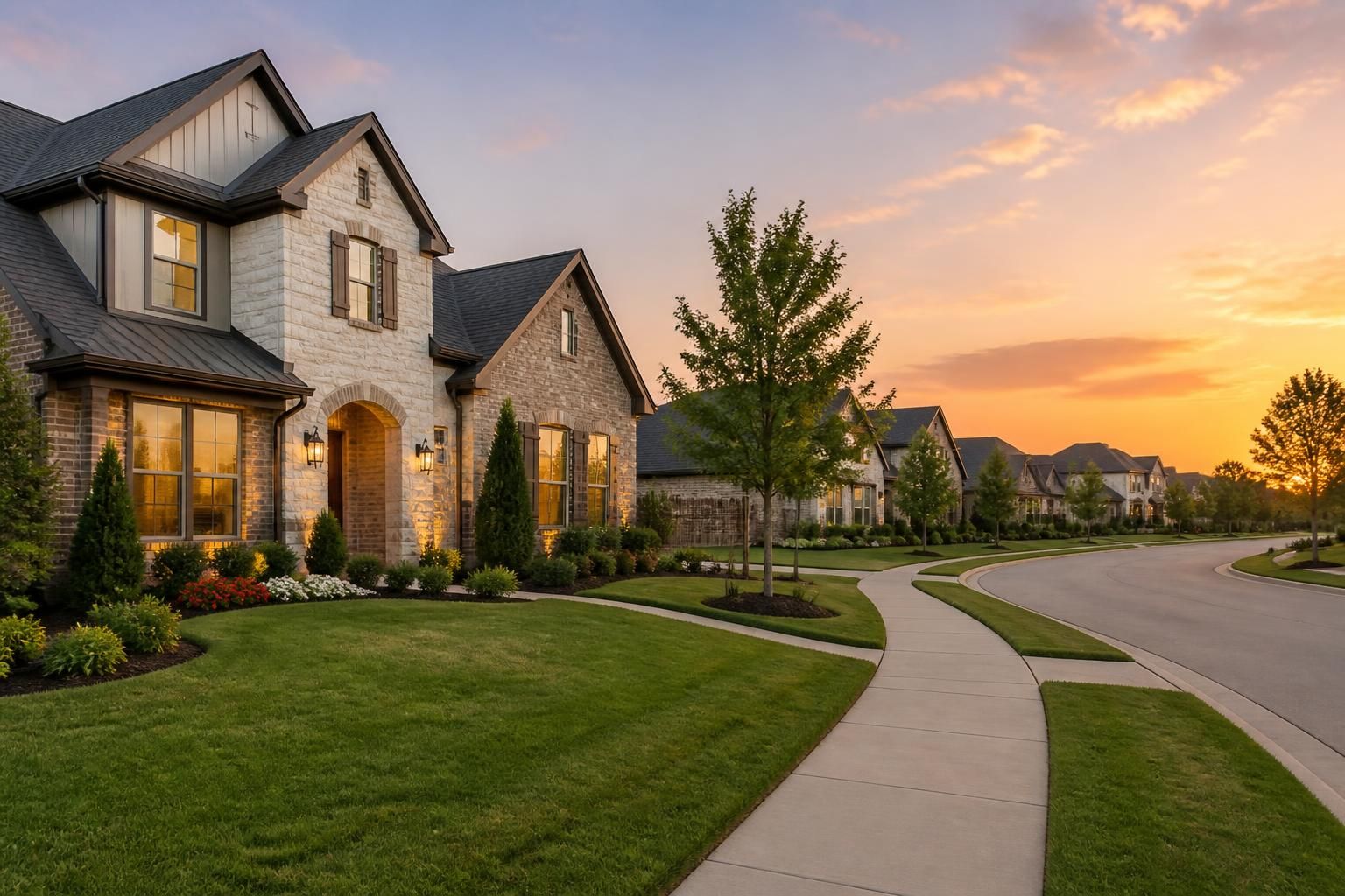 Spacious Prosper homes with landscaped yards in warm dusk light.
