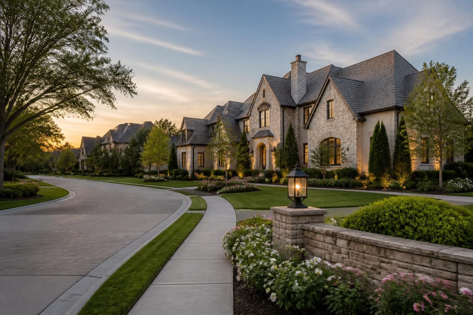 Elegant Southlake homes with manicured lawns at dusk.