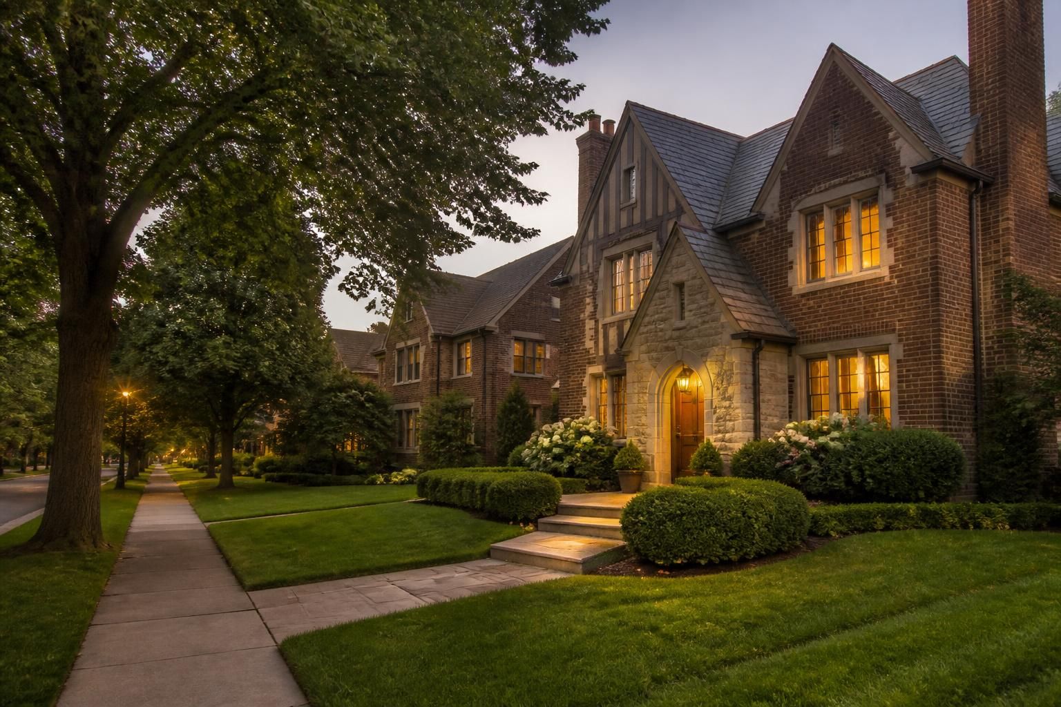 Stately University Park homes with tidy lawns at dusk.