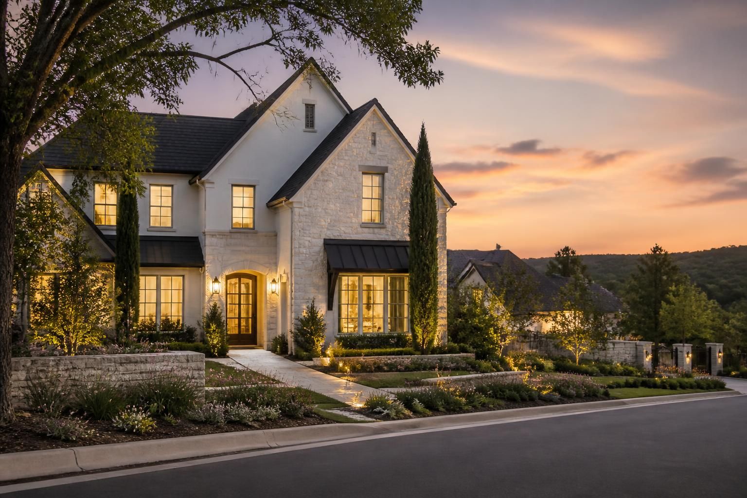 Upscale Westlake homes with greenery in soft twilight.